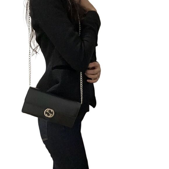 Gucci interlock black leather wallet on chain